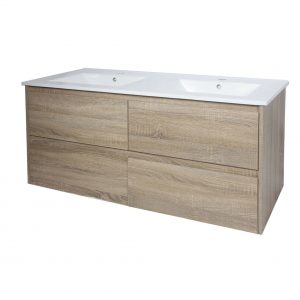 Remarkable 1200 4 Drawers Double Basin Wall Hung Vanity-White/Black/Royal Oak