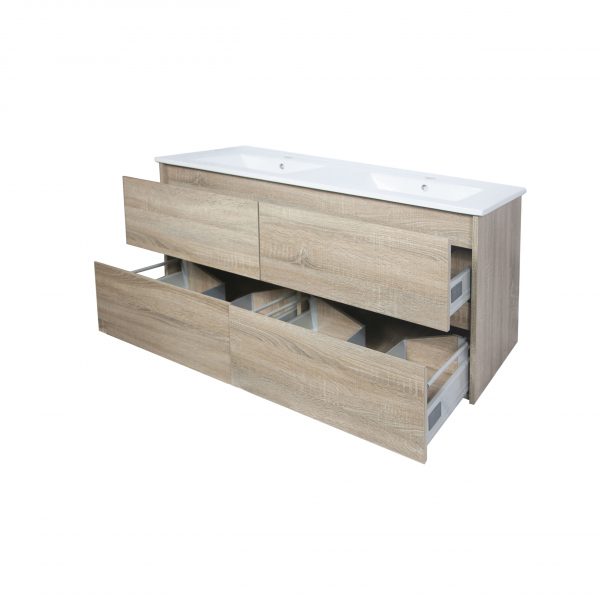 Remarkable 1200 4 Drawers Double Basin Wall Hung Vanity-White/Black/Royal Oak - Image 3