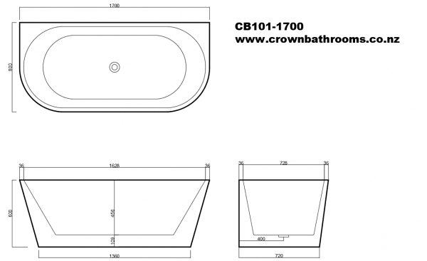 Coromandel 1700 Back To Wall Freestanding Bath in Black - Image 2