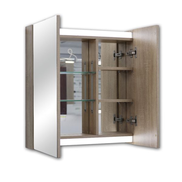 Wanaka 650mm Plywood LED Mirror Cabinet-Beige Grain/Caramel Mocha - Image 3
