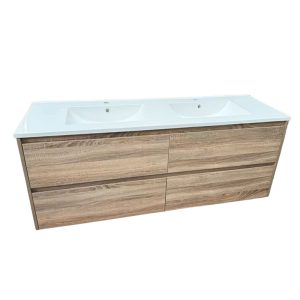 1500 4*Drawers Double Basin Royal Oak (Woodgrain) WH Plywood Vanity